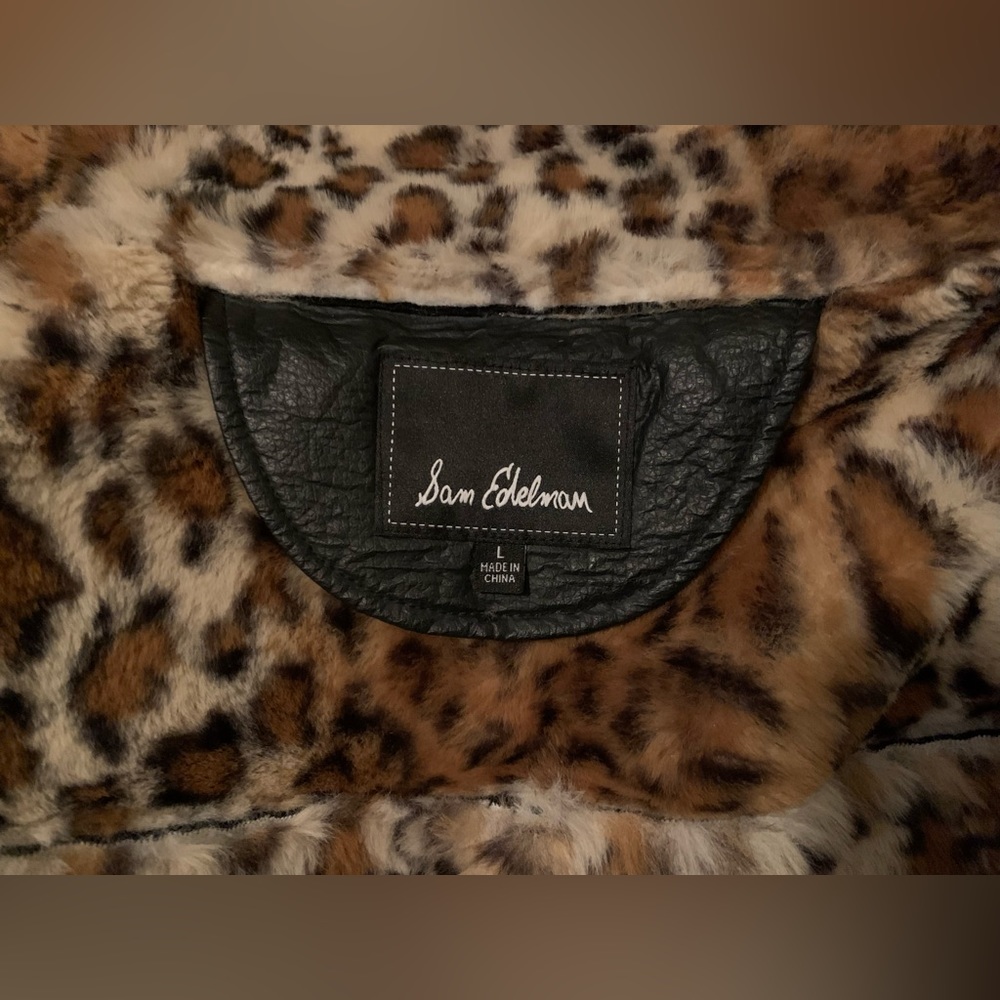 Sam Edelman Black Faux Leather Jacket with Leopard Trim - Picture 6 of 10